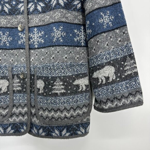 Vintage Fair Isle Wool Jacket M Bear Trees Shacket Button Down Gray Blue - Picture 5 of 7